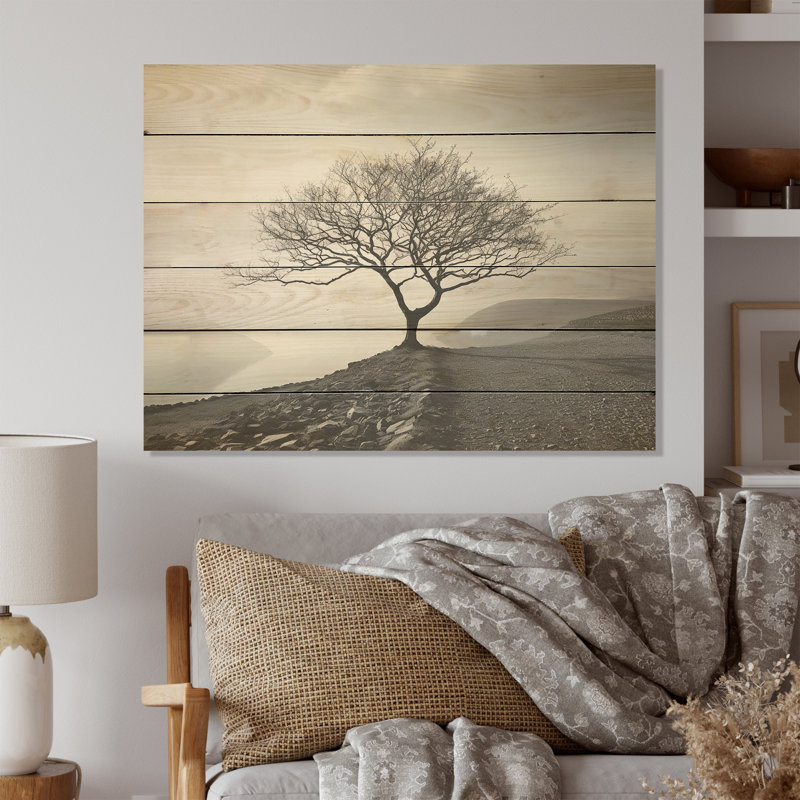A Beautiful Tree In Lakeside Scenery - Mountains Wood Wall Art On Natural Pine Wood, 24" H x 32" W