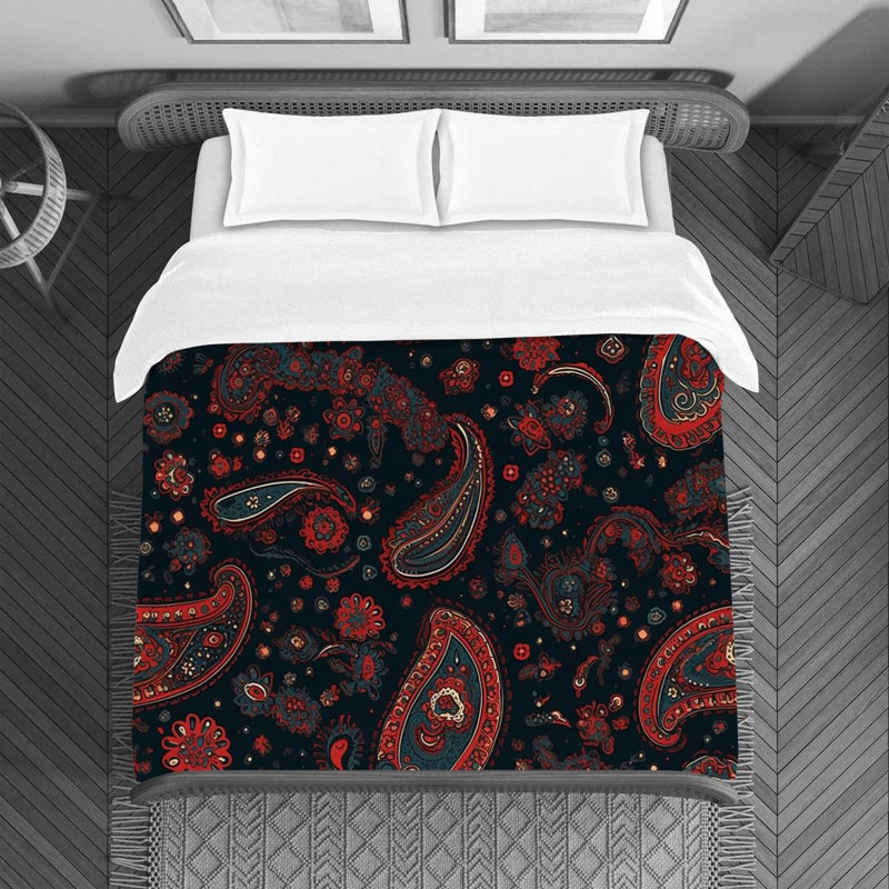 Machine Printed Duvet Cover, Blue/Red Paisley, Queen Duvet Cover