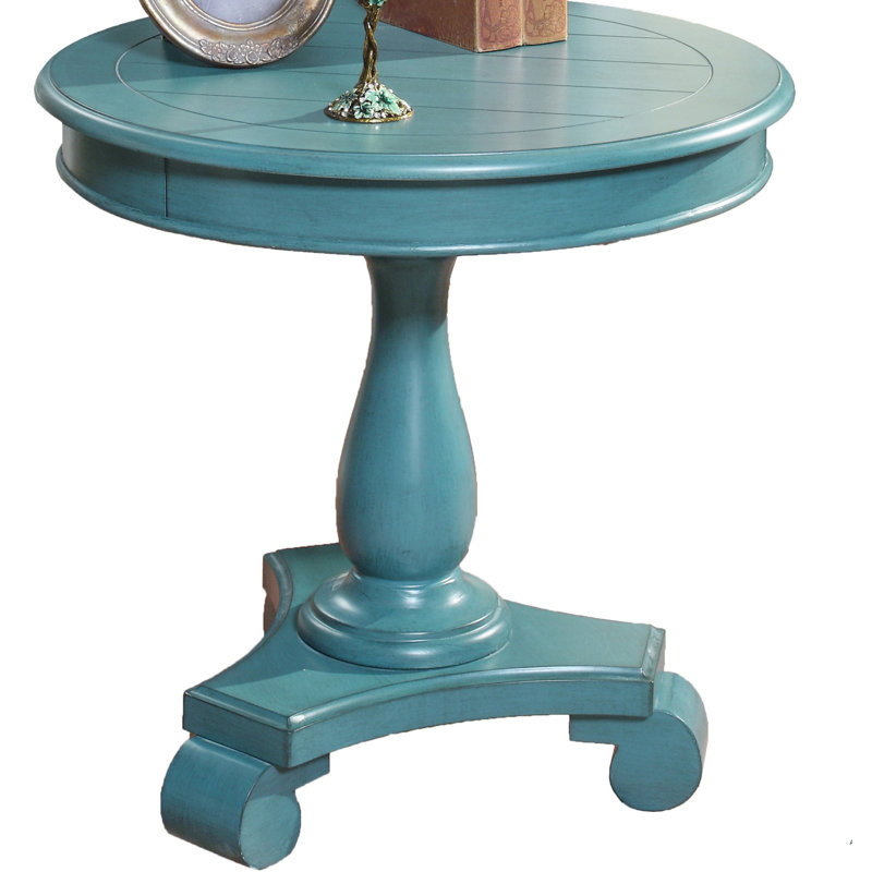 Round Wood Pedestal Side Table, Teal