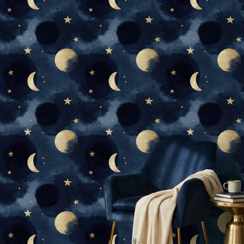 Papier peint céleste avec étoiles et lune, Non tissé, non collé