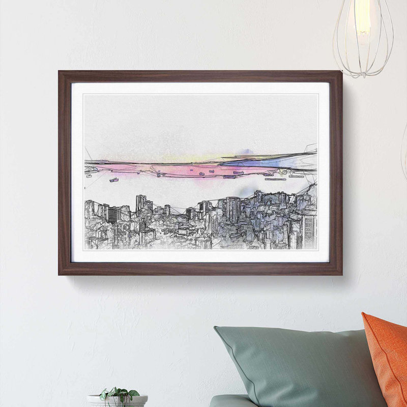 Vancouver Canada Skyline in Abstract - Picture Frame Graphic Art Print, 50cm H x 76cm W x 2cm D, Walnut