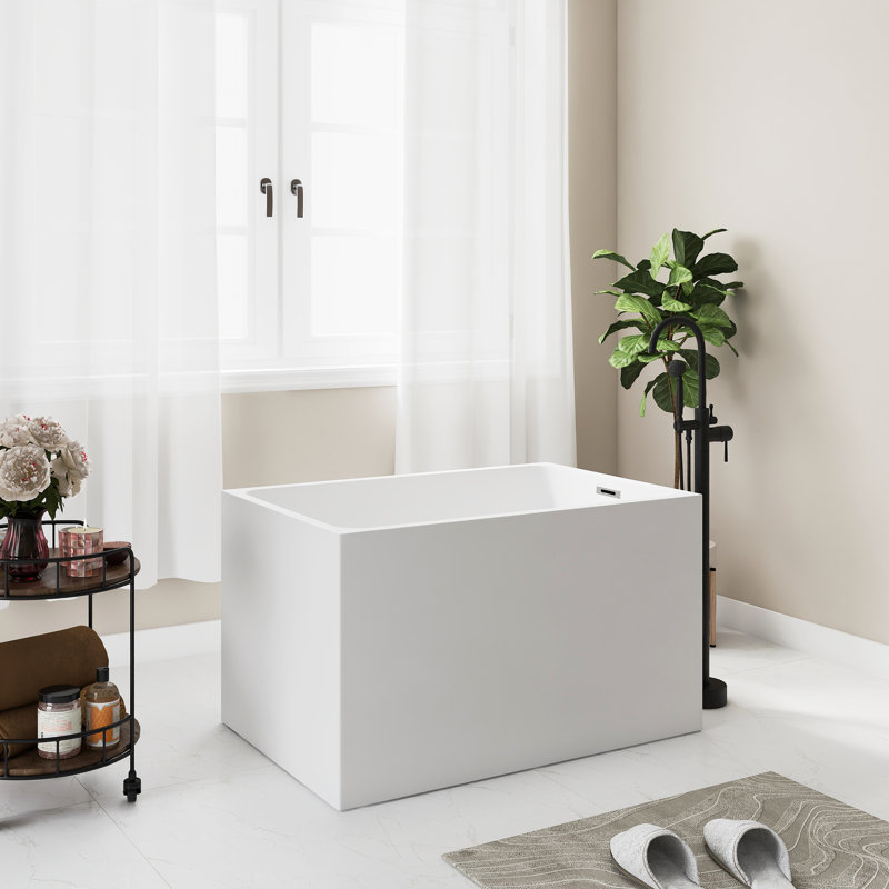 43-Inch Gloss White Acrylic Rectangle Freestanding Bathtub With  Pedestal, Equipped With Chrome Overflow And Pop-Up Drain