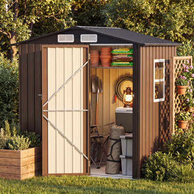 6 x 4 FT Outdoor Storage Shed with Window, Galvanized Steel Tool Shed, Lockable Door, Air Vent & Gable Roof for Backyard, Patio & Garden, Brown