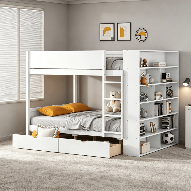 Lit superposé 2 tiroirs avec bibliothèque de rangement, Simple sur simple, Blanc