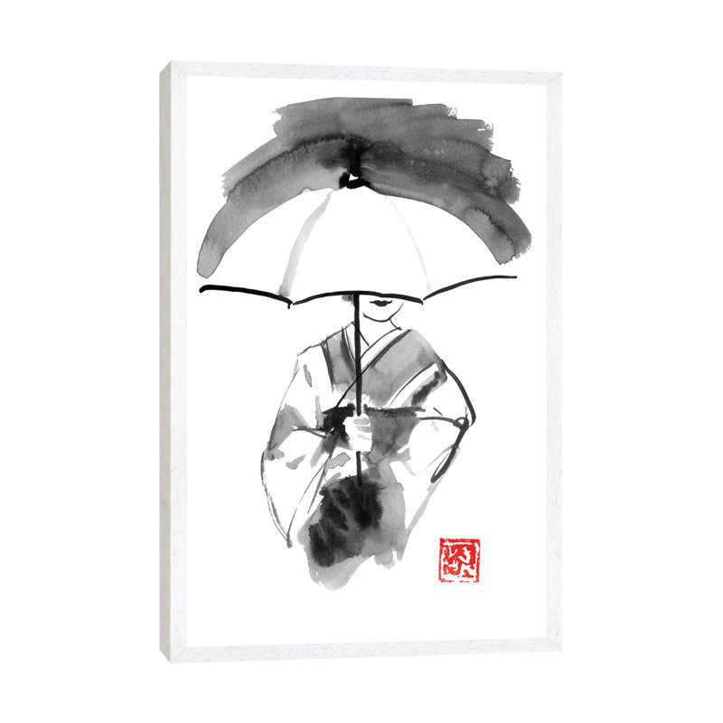 Geisha And White Umbrella by Péchane - Painting on Canvas, White Framed, 101.6 cm H x 66.04 cm W