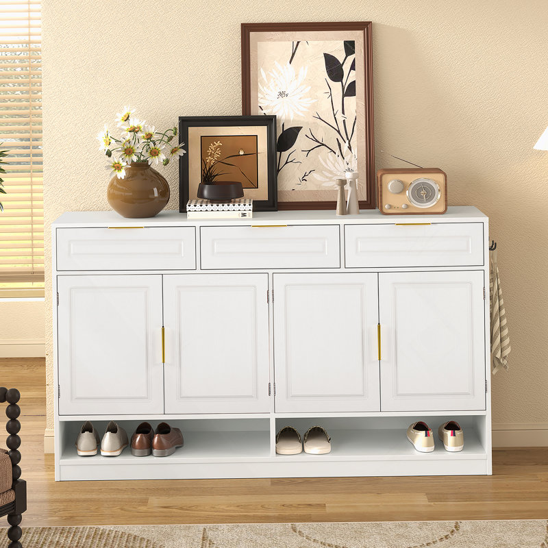Sideboard With 3 Drawers And 4 Doors, Storage Buffet With Adjustable Shelf And Open Storage Compartments, White