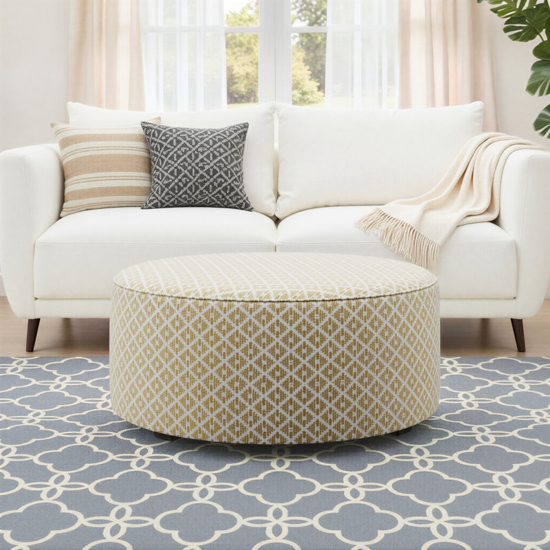 Weigand 39" Wide Round Abstract Cocktail Ottoman, Owen Straw Polypropylene/Olefin