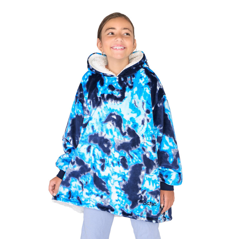 Couverture en sherpa à capuche portable, Teinture par nœuds - bleu foncé, Jeunesse