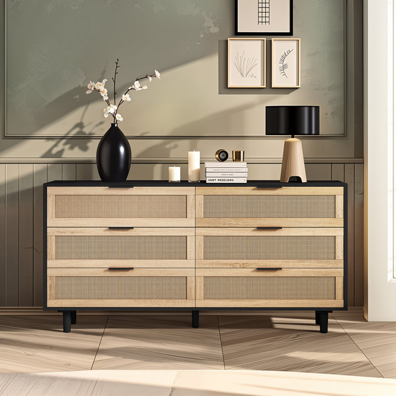 6-Drawers Rattan Storage Cabinet Rattan Drawer, 29.72" H x 59.06" W x 15.75" D , Black