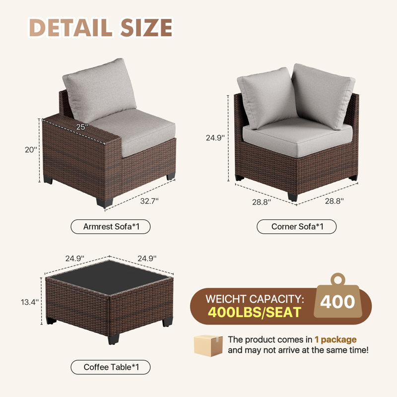 2 -Person Rattan Patio Safo With Cushions, Gray, Brown