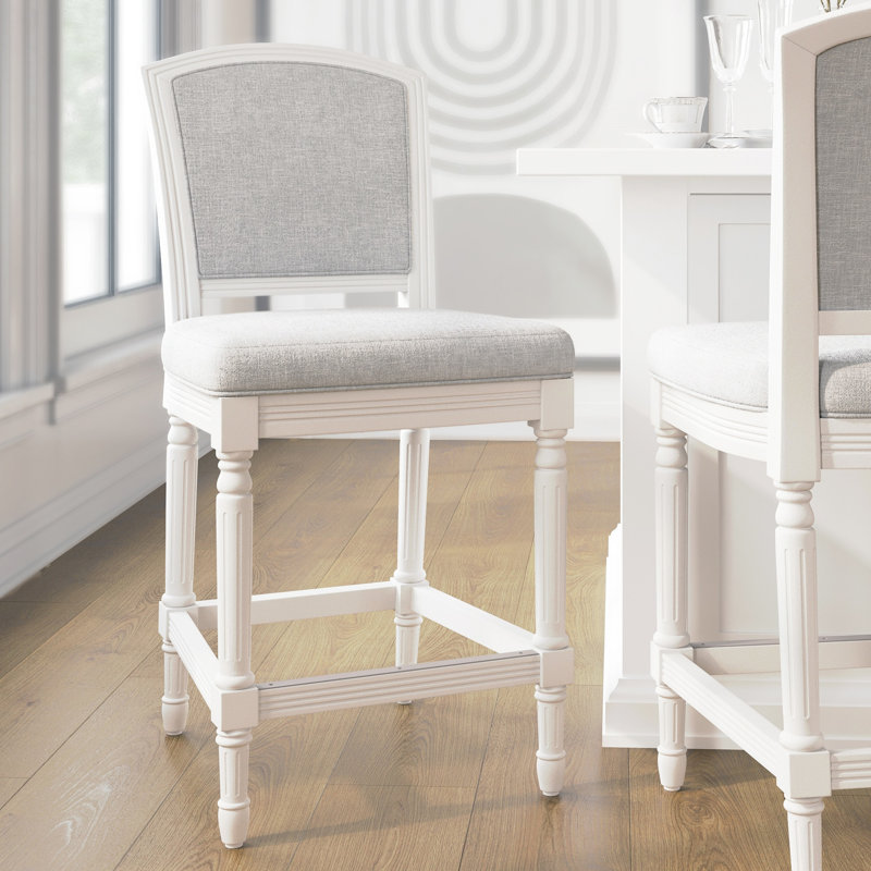 Tabouret à hauteur de comptoir blanc de 26 pouces, siège et dossier rembourrés gris, texturé, fixe pour les repas