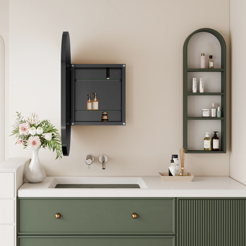 20X34 Inch Oval Recessed Bathroom Storage Cabinet, Matte Black Metal Frame, Adjustable Shelves, Material Frame Wall Oval, With Mirror And Finish