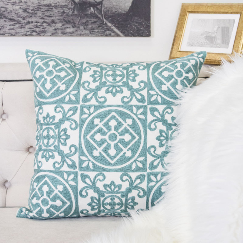 Floral Cotton Throw Pillow, Teal