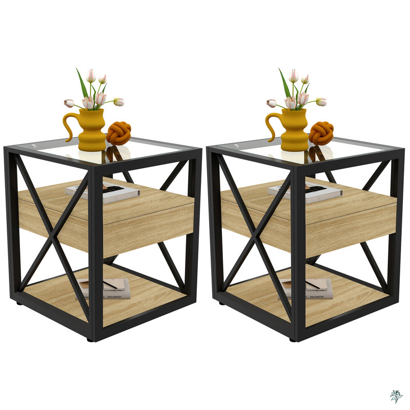 Set Of 2 Modern End Table With Drawer - Nightstand, Brown/Black