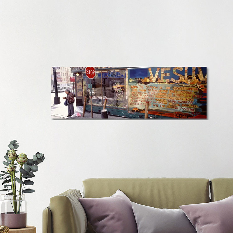 USA, California, San Francisco, Little Italy, Senior Man Standing Outside a Bar 1 Piece Wrapped Canvas Panoramic Wall Art