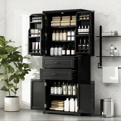 Armoire de rangement avec espace de rangement multifonctionnel, portes avec tablettes de rangement, 2 tiroirs, tablette réglable
