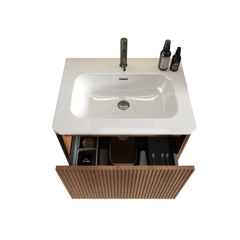 Macneil 24,00 po X P 18,30 po P 15,60 po Meuble-lavabo mural H en bois de noyer avec plateau blanc