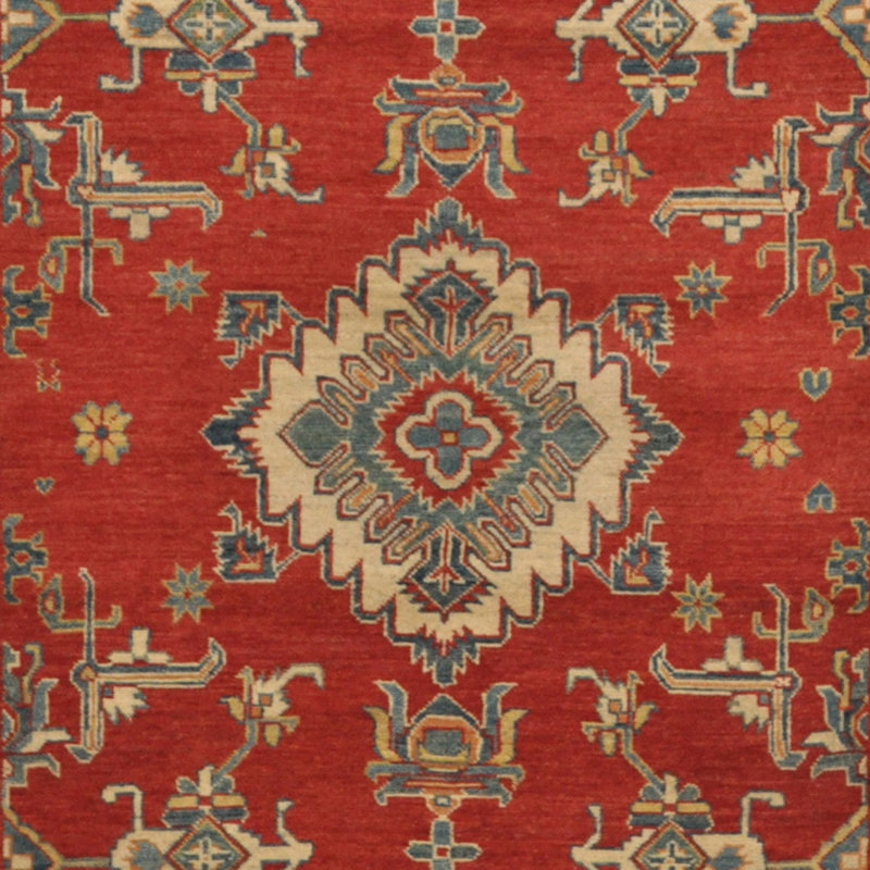 Tapis de zone en laine rouge/ivoire 6 pi 5 po x 9 pi 2 po one-of-kind à la main noué la kazak Sauer