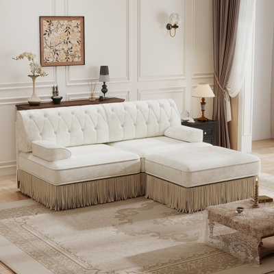 Luxuriously L-Shaped Velvet Comfy Sectional Sofa With Ottoman,2-Seater Chesterfield Sofa With Tufted Design And Tassel Fringe Skirt