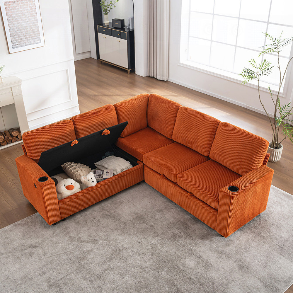 Latitude Run® Plush Corduroy Sectional Sleeper Sofa with Pull Out Bed ...
