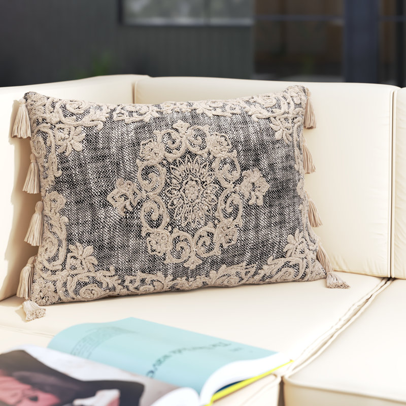 Gray and Beige Embroidered Rectangular Lumbar Pillow