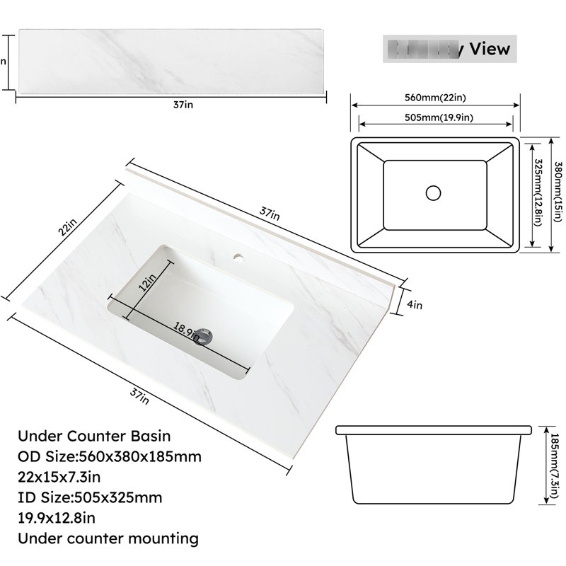 Comptoir de meuble-lavabo en pierre frittée blanche de 37 pouces avec dosseret et trou de 4 po - Pierre, lavabo rectangulaire, trou de robinet pré-percé,