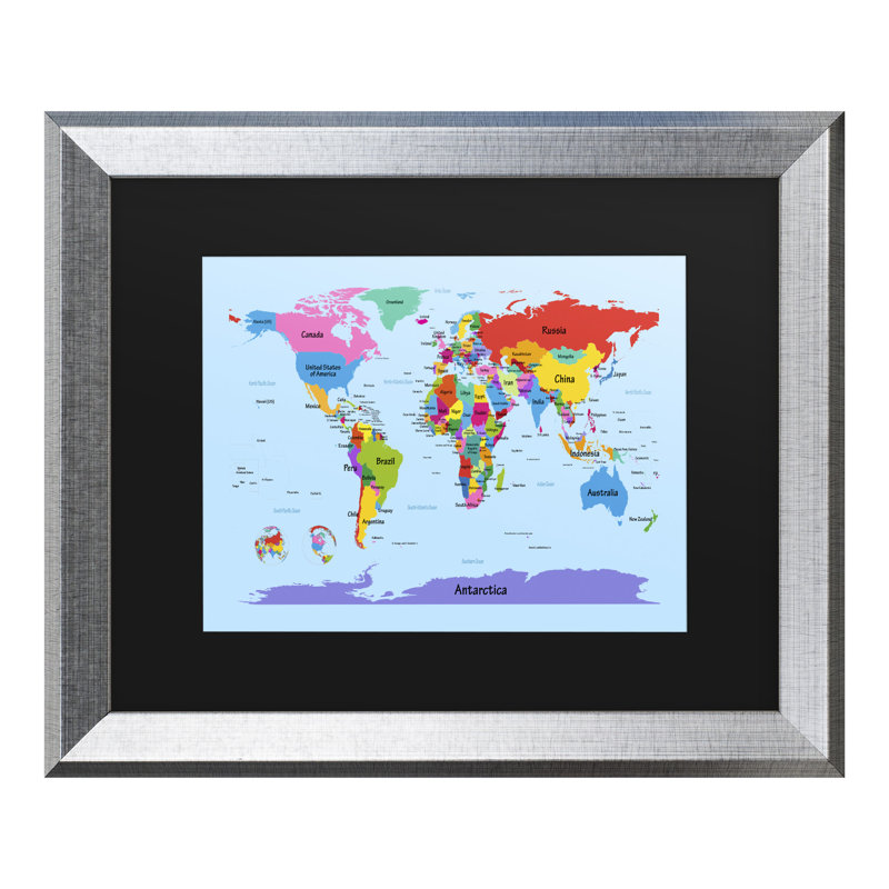« childrens world map », art encadré, H 11 po x l 14 po x P 0,5 po, Argent