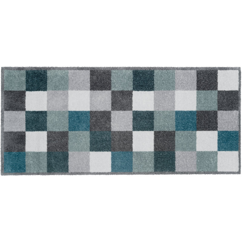 Schall Blocks Ochre Kitchen Mat, Blue/Grey, 0.8cm H x 67cm W x 150cm L