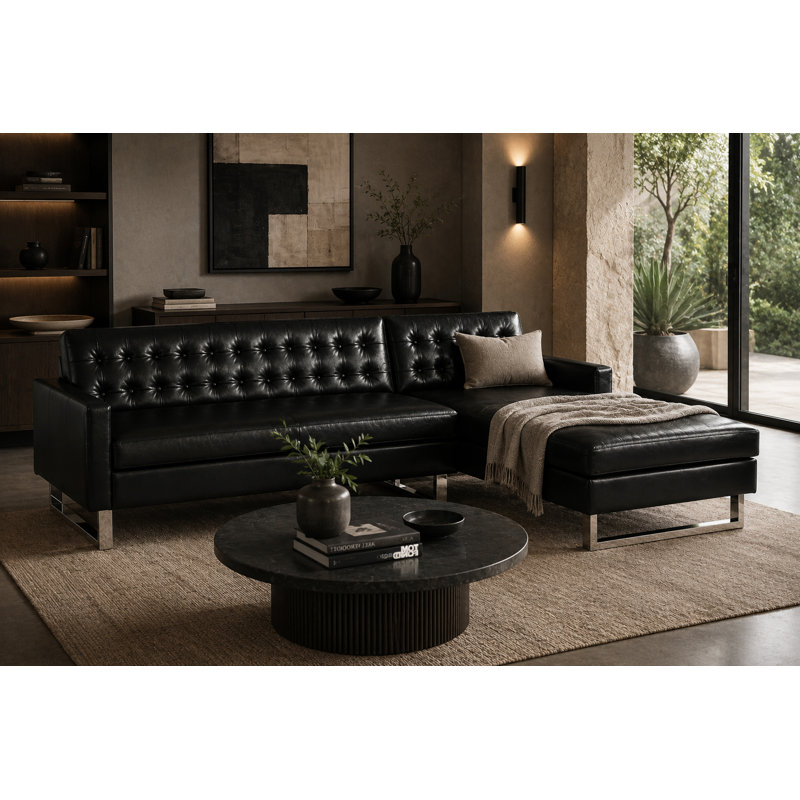 Canapé modulaire Sloan - Canapé modulaire moderne faisant face aux accoudoirs avec dossier capitonné, méridienne, pieds en acier inoxydable - Canapé modulaire en simili cuir / végétalien - canapé noir