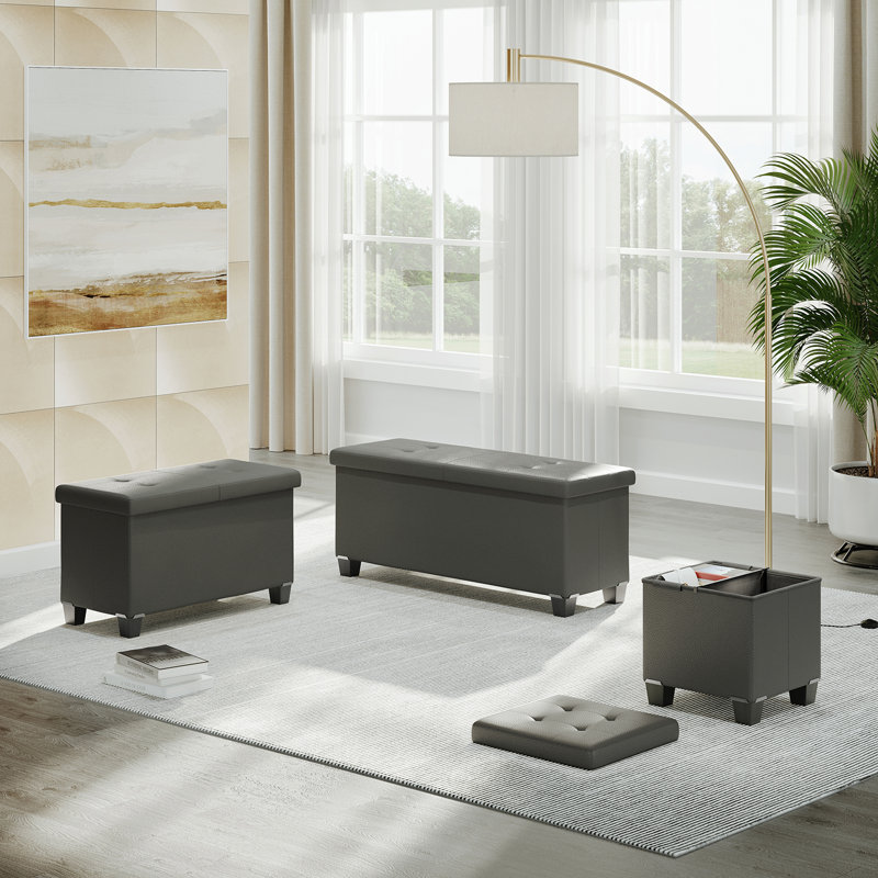 Repose-pieds en cuir Arlana, Similicuir gris, H 15 po x l 30 po x P 15 po