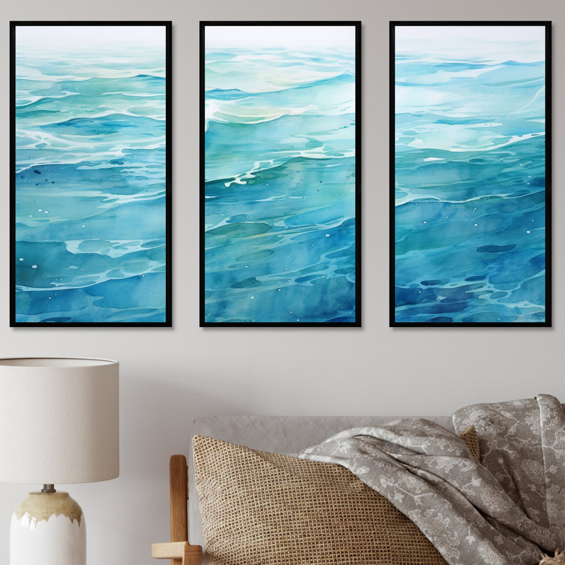 «Blue Ocean In Motion Scenery VI», ensemble d'art mural sur toile océan, Cadre flottant noir, H 28 po x l 36 po x P 1 po