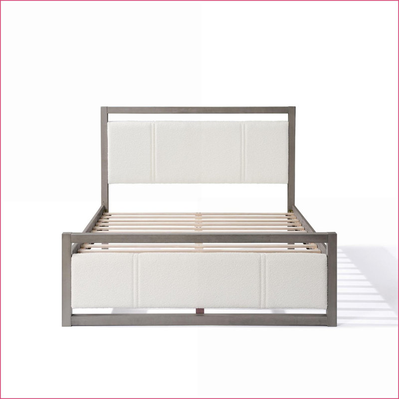 Structure de lit plateforme en bois massif grand format avec tête de lit bouclée ivoire, finition gris clair - aucun sommier requis, chambre à coucher principale