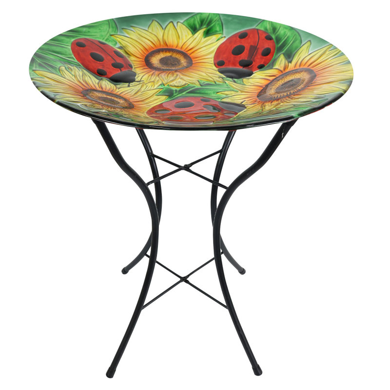 Bain d'oiseaux en verre coccinelles et tournesols