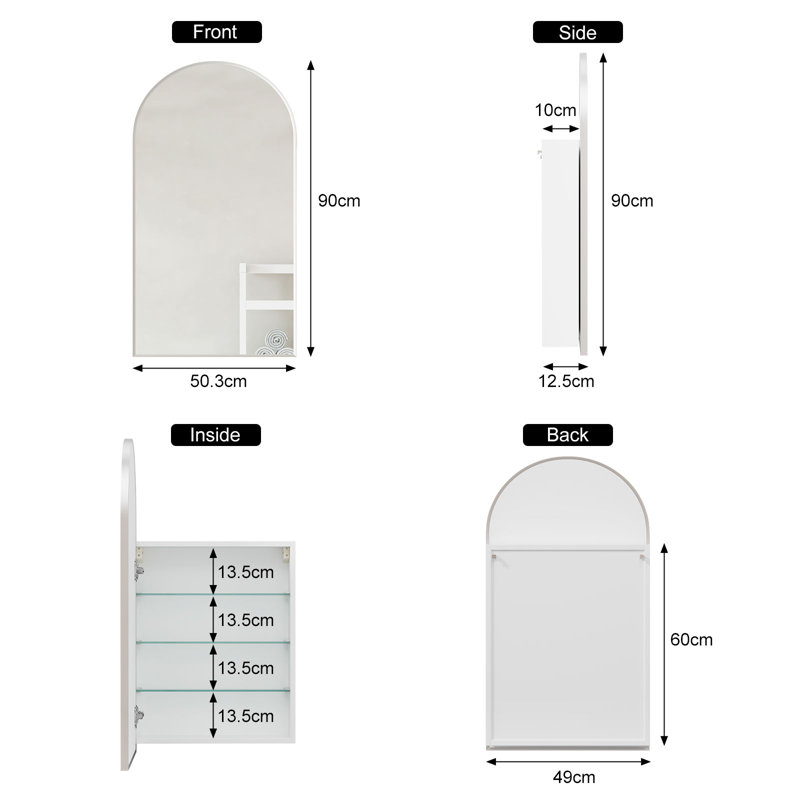 Raygen Arched Bathroom Cabinet, Wall Mounted Storage with Adjustable Shelves, Silver, 90cm H x 50.3cm W x 12.5cm D
