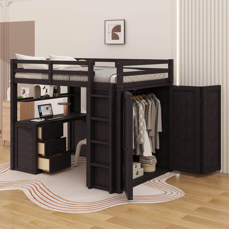 Lit mezzanine avec tiroirs, bureau et garde-robe, Espresso