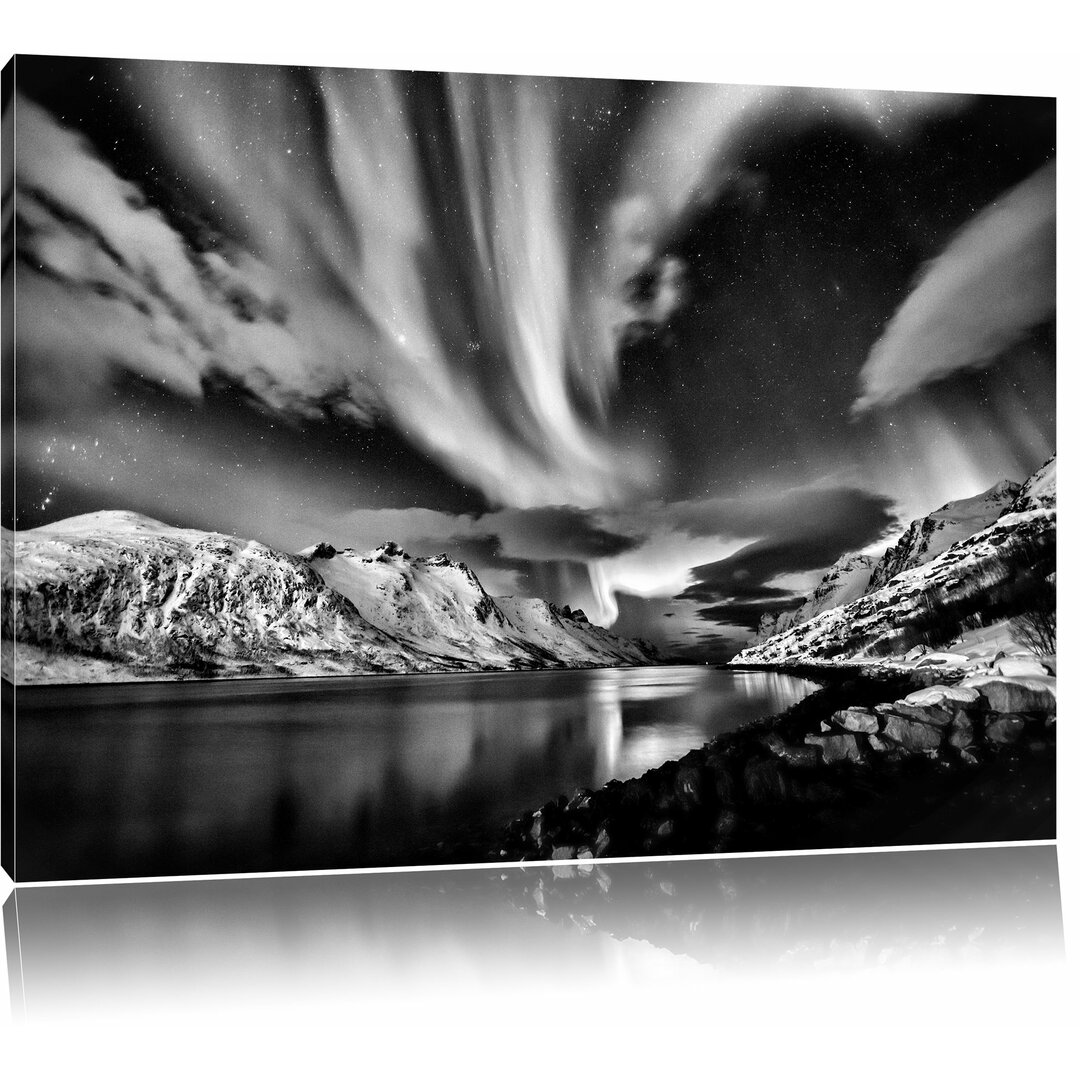 Leinwandbild Polarlichter in der Eiswüste in Monochrom