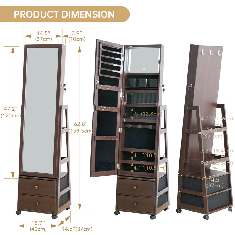 Armoire à bijoux, miroir sur pied pleine grandeur, rangement pour bijoux avec écran tactile et miroir de coiffeuse rotatif, armoire à bijoux verrouillable avec roulettes