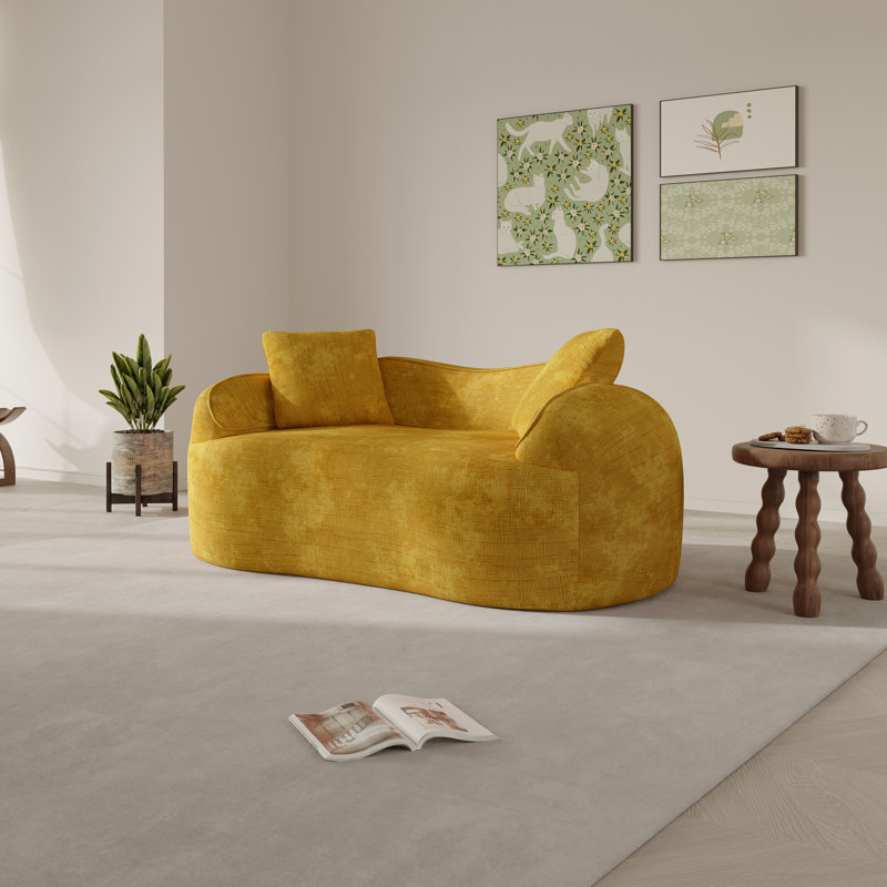 Boneless 2-seater Curved Compressed Sofa, Upholstered Loveseat, Yellow