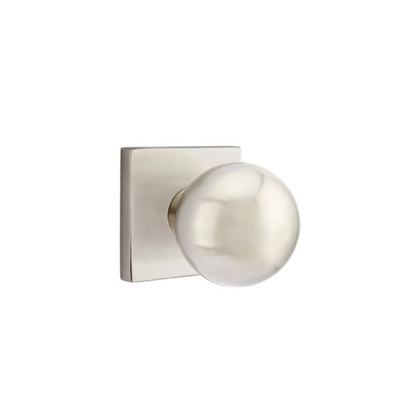 Ensemble de faux boutons Emtek avec rosette carrée et bouton Orb, Nickel satiné
