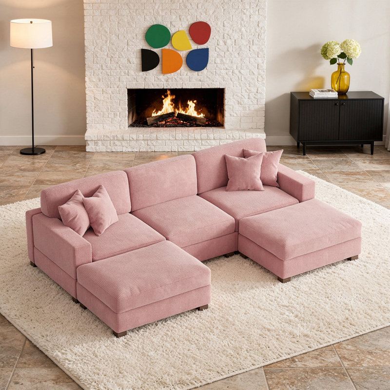 Canapé modulaire en velours côtelé, Velours côtelé rose, H 33 po x l 117 po x P 71 po