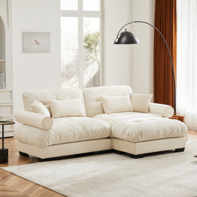 Over Size Modern Two-Seater Sofa With Ottoman, Velvet 2-Seater With Round Bolster Armrests,With Waist Pillow And Throw Pillows,Small L Shape Sofa For Living Room, Reading Room , Loft And Bedroom,Cream