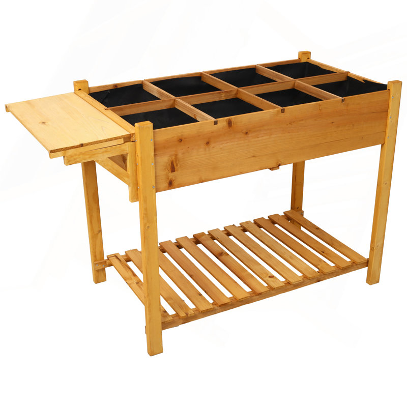 Support de jardinière surélevée en bois avec jardinière surélevée 8 poches avec table d'appoint pliable et tablette de rangement pour herbes / légumes / fleurs