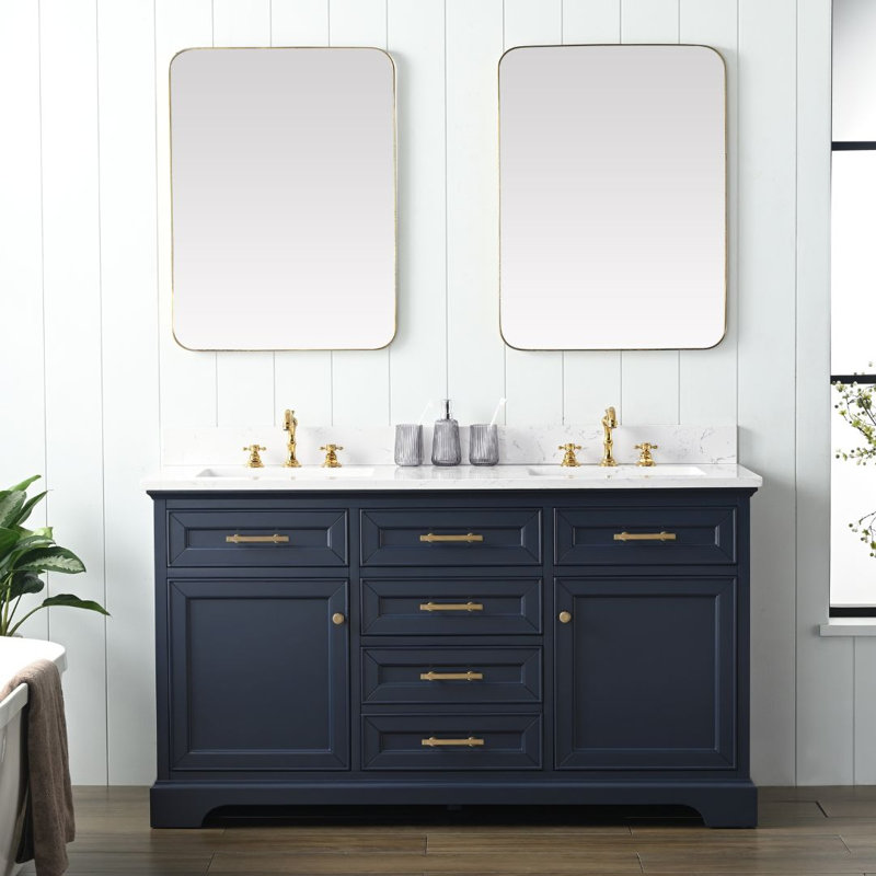 Thompson 60" W Double Vanity, Indigo Blue/Brushed Gold