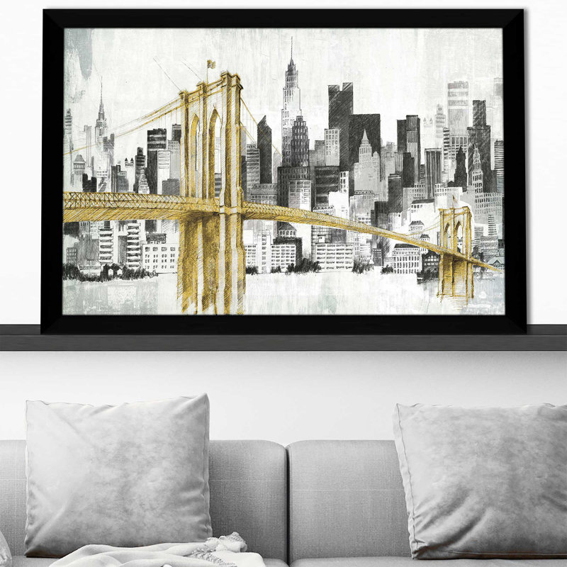 New York Skyline I, pont jaune - Peinture, Impression encadrée, H 21,5 po x l 27,5 po, Noir