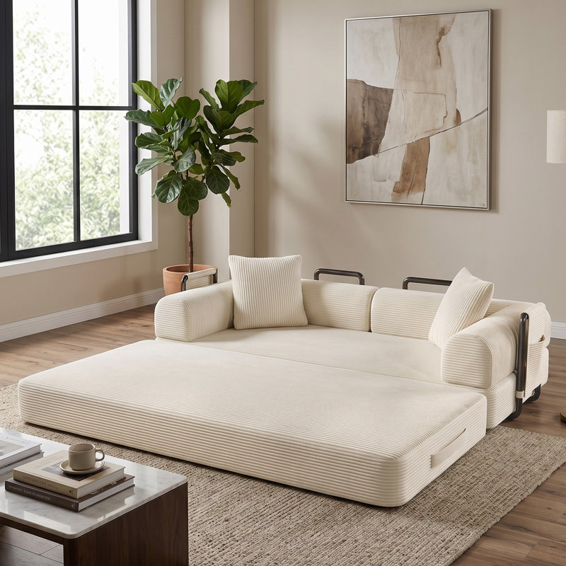 78.7 inch Foldable Three Person Fabric Sofa Bed, High Rebound Density Sponge Sofa, White