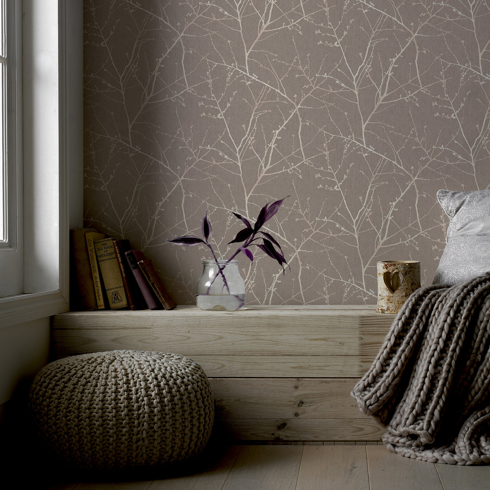 Innocence Modern Floral Wallpaper, Mushroom