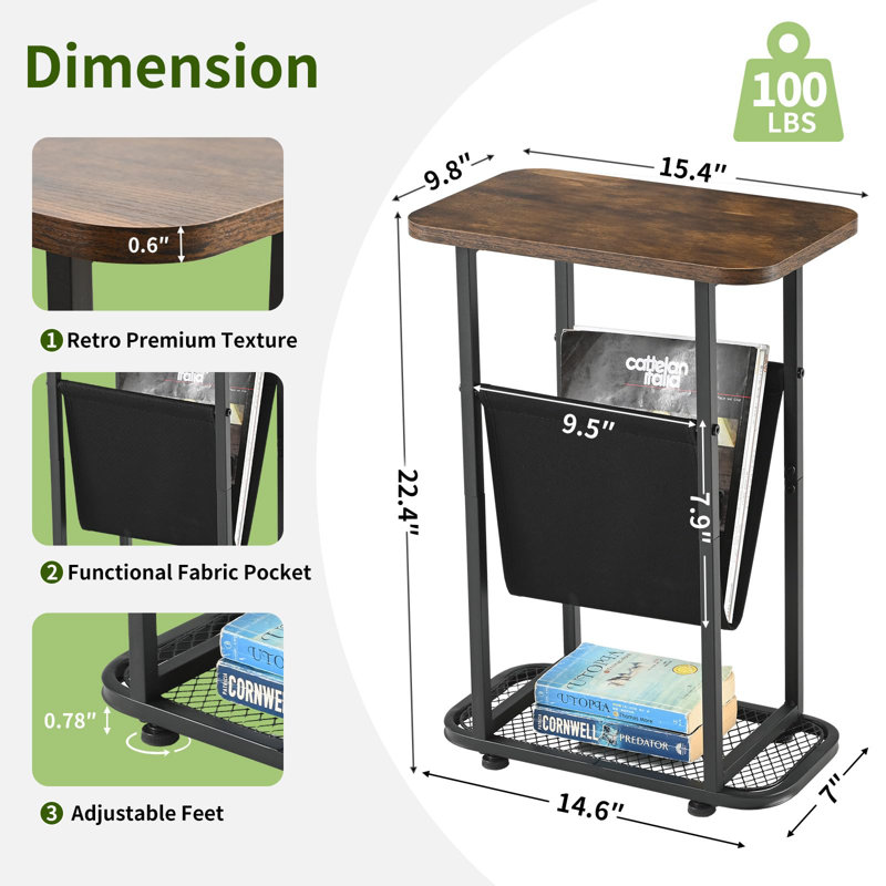 Narrow End Tables With Magazine Rack Mesh Shelves, Small Side Table With Storage, Bedside Couch Table Skinny Nightstand, Rustic Brown