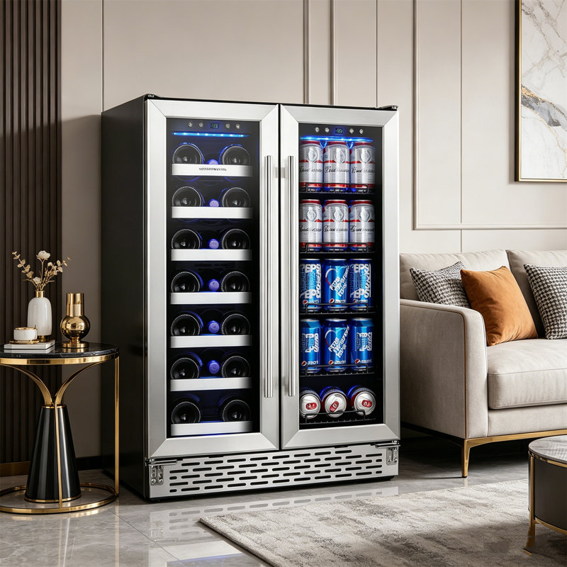 24 Inch Dual Zone Wine And Drink Fridge, Freestanding & Built-in Wine Cooler With Dual Glass Doors, 20 Bottle & 78 Can Capacity, Led Interior Lighting, Ideal For Kitchen, Bar, Office & Bedroom
