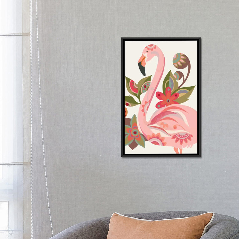 « the flamant rose », impression sur toile tendue, H 26 po x l 18 po x P 1,5 po, Toile avec cadre noir