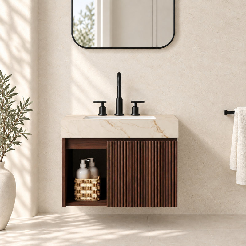 Meuble-lavabo suspendu simple EIDEN de 61 cm (24 po) en noyer avec dessus en pierre frittée couleur crème veinée or, 24"